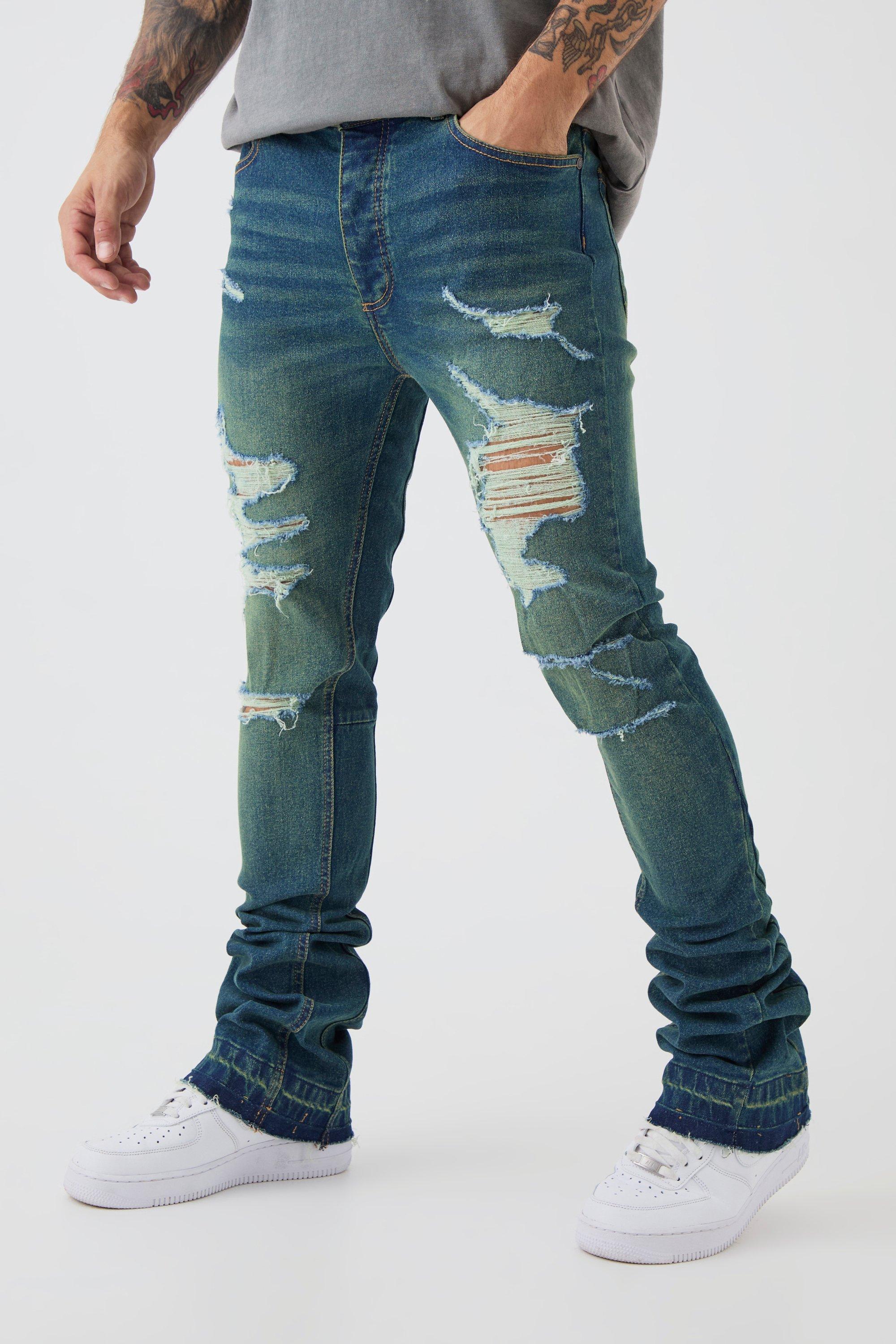 Mens Blue Skinny Stretch Stacked Flared Ripped Jeans, Blue